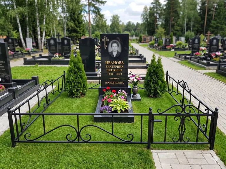 Зелёный газон на могильном участке в Новокузнецке