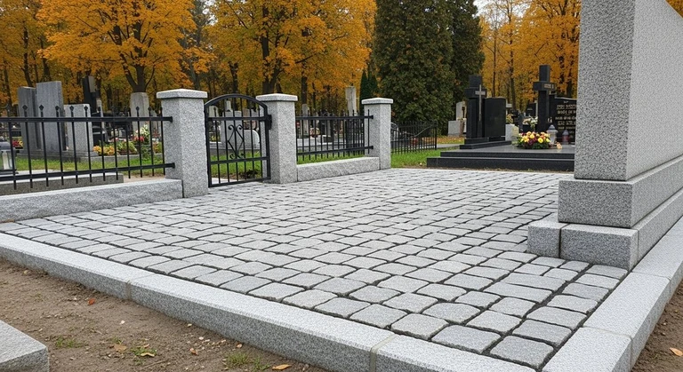 Благоустройство захоронений в Новокузнецке — мощение гранитной плиткой, цоколь и ограда на ухоженном участке
