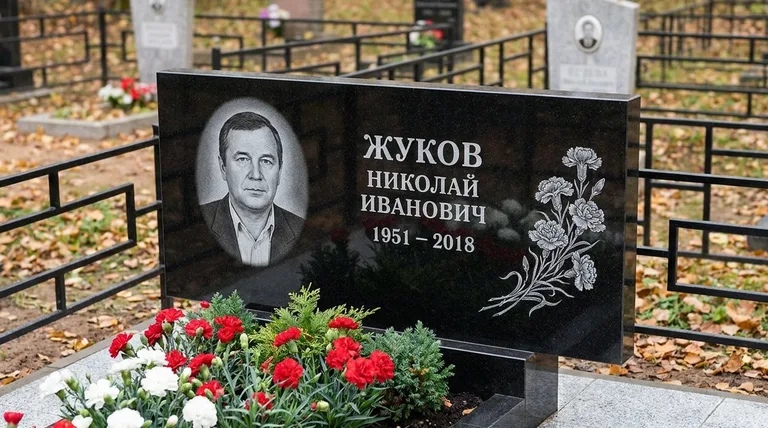Памятник с гравировкой гвоздик — выполненная работа «Жуков» в Новокузнецке