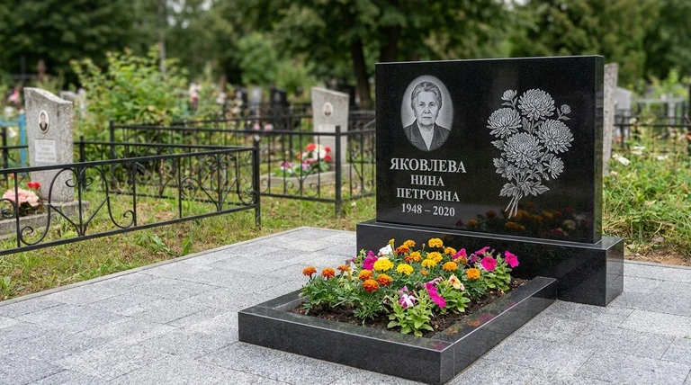 Гравировка хризантем на памятник в Новокузнецке — пример работы на граните