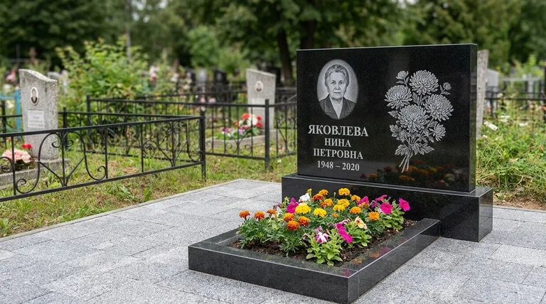 Памятник с гравировкой хризантем — выполненная работа «Соколов» в Новокузнецке