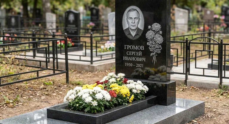 Памятник с гравировкой хризантем — выполненная работа «Громов» в Новокузнецке