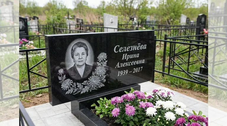 Памятник с гравировкой хризантем — выполненная работа «Селезнёва» в Новокузнецке