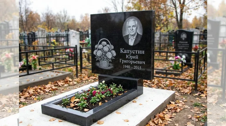 Памятник с гравировкой хризантем — выполненная работа «Капустин» в Новокузнецке