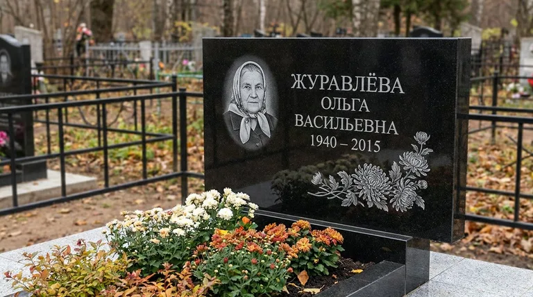 Памятник с гравировкой хризантем — выполненная работа «Журавлёва» в Новокузнецке