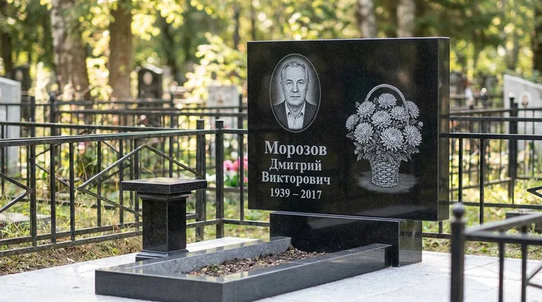 Памятник с гравировкой хризантем — выполненная работа «Морозов» в Новокузнецке