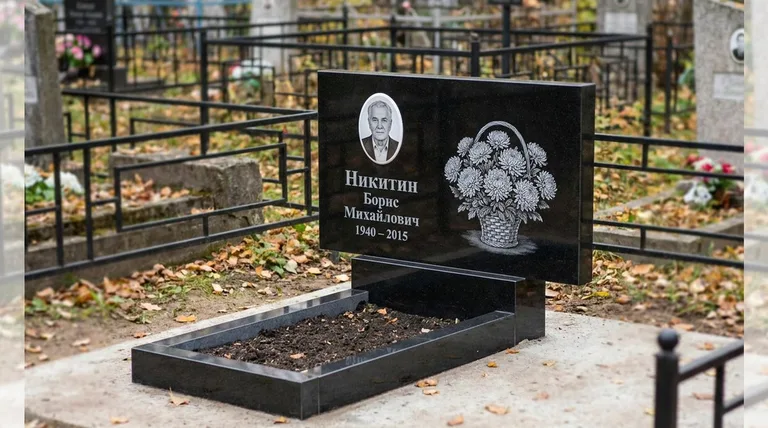 Памятник с гравировкой хризантем — выполненная работа «Никитин» в Новокузнецке