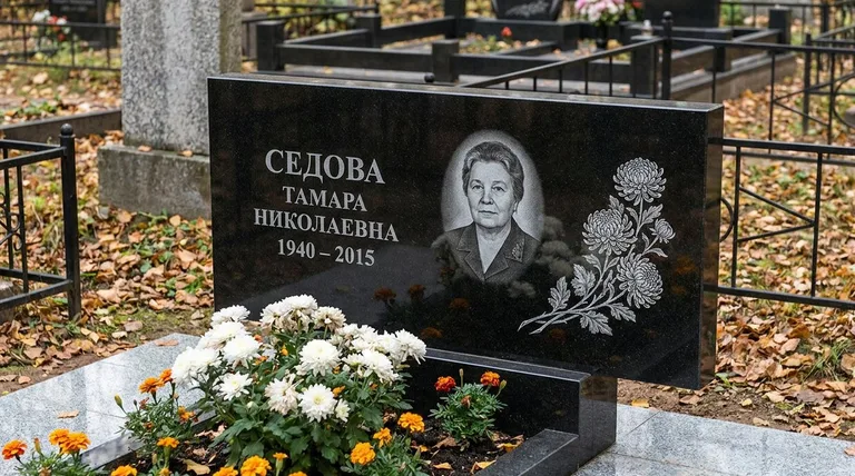 Памятник с гравировкой хризантем — выполненная работа «Седова» в Новокузнецке