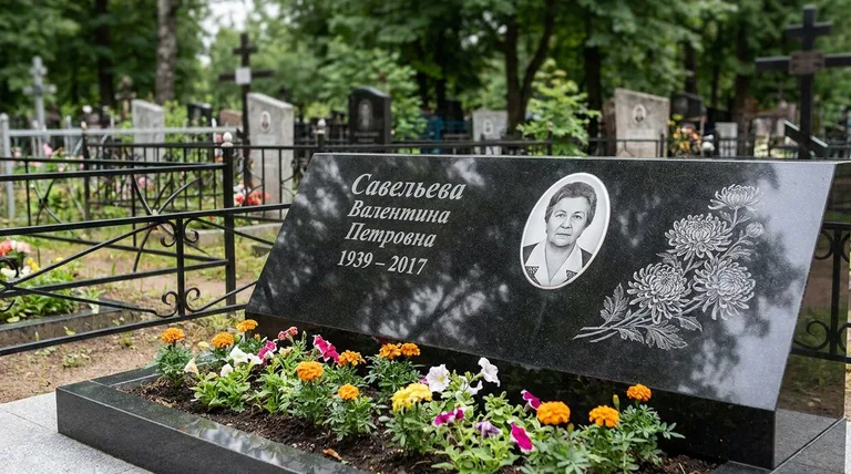 Памятник с гравировкой хризантем — выполненная работа «Савельева» в Новокузнецке