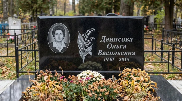 Памятник с гравировкой ландышей — выполненная работа «Денисова» в Новокузнецке