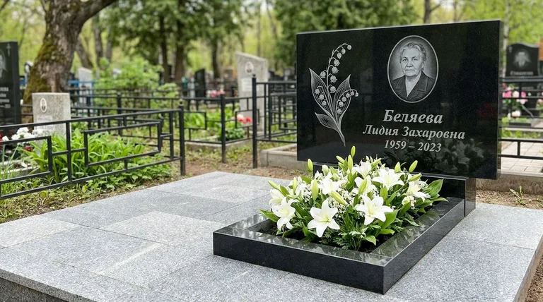Памятник с гравировкой ландышей — выполненная работа «Беляева» в Новокузнецке