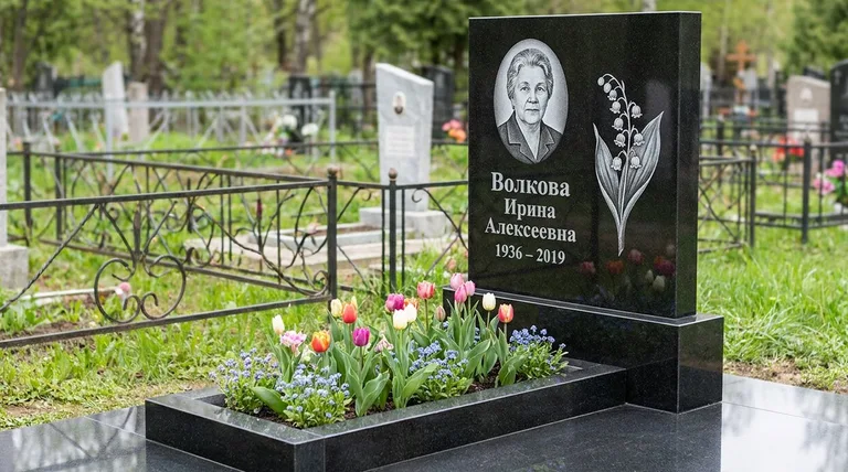 Памятник с гравировкой ландышей — выполненная работа «Волкова» в Новокузнецке