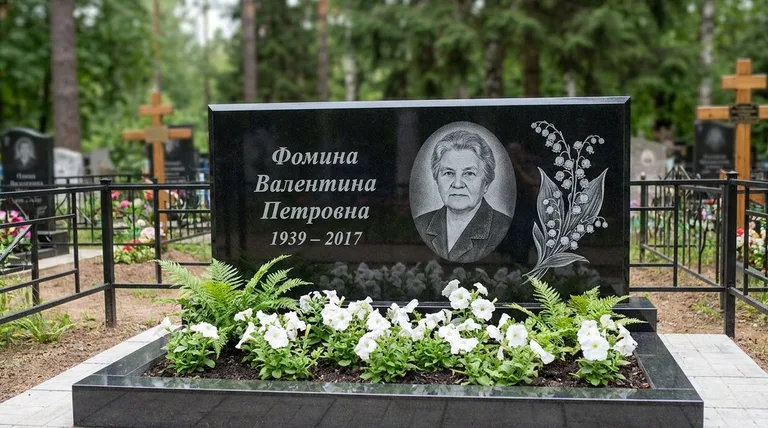 Памятник с гравировкой ландышей — выполненная работа «Фомина» в Новокузнецке