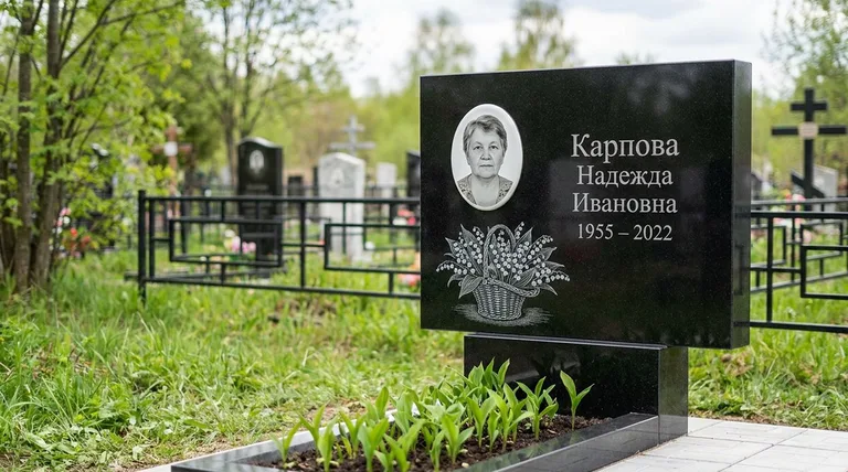 Памятник с гравировкой ландышей — выполненная работа «Карпова» в Новокузнецке