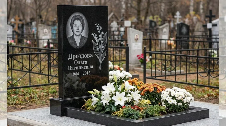Памятник с гравировкой ландышей — выполненная работа «Дроздова» в Новокузнецке
