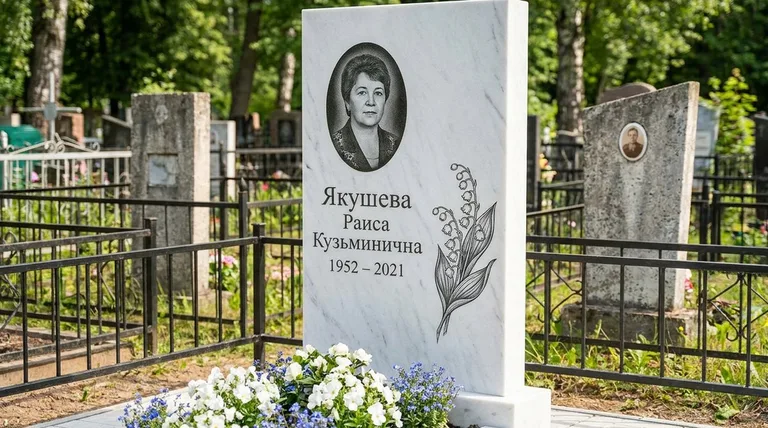 Памятник с гравировкой ландышей — выполненная работа «Якушева» в Новокузнецке
