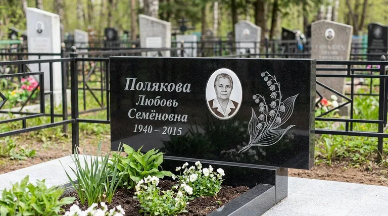 Памятник с гравировкой ландышей — выполненная работа «Полякова» в Новокузнецке