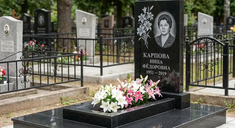 Памятник с гравировкой лилий — выполненная работа «Карпова» в Новокузнецке