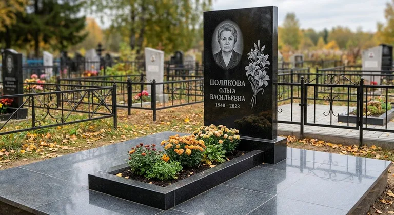 Памятник с гравировкой лилий — выполненная работа «Полякова» в Новокузнецке