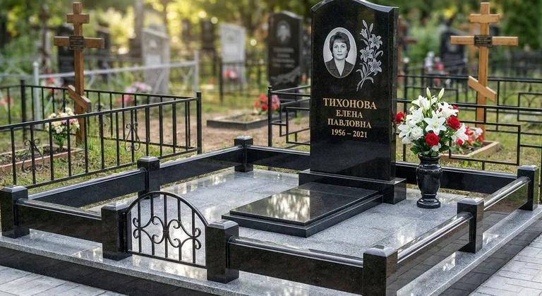 Памятник с гравировкой лилий — выполненная работа «Тихонова» в Новокузнецке