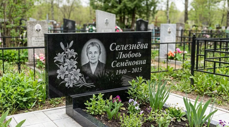 Памятник с гравировкой лилий — выполненная работа «Селезнёва» в Новокузнецке
