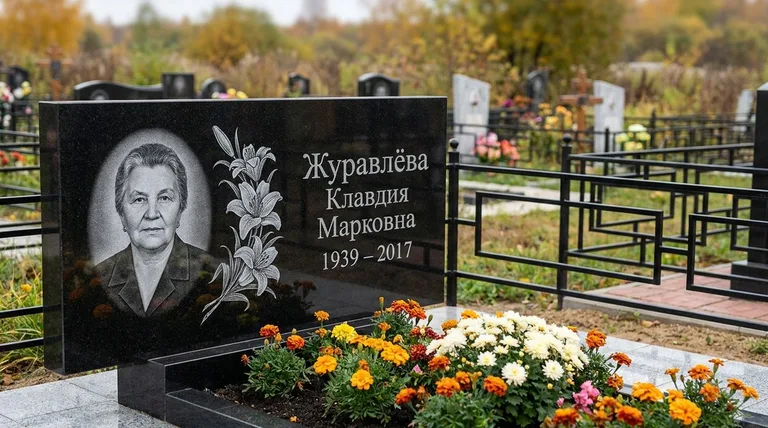 Памятник с гравировкой лилий — выполненная работа «Журавлёва» в Новокузнецке