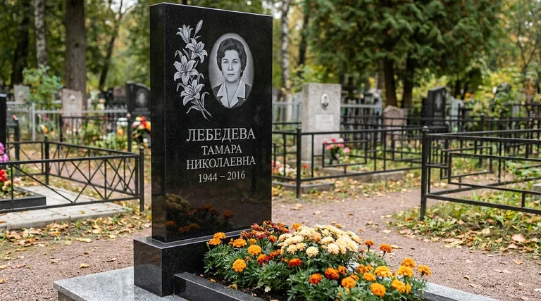 Памятник с гравировкой лилий — выполненная работа «Лебедева» в Новокузнецке