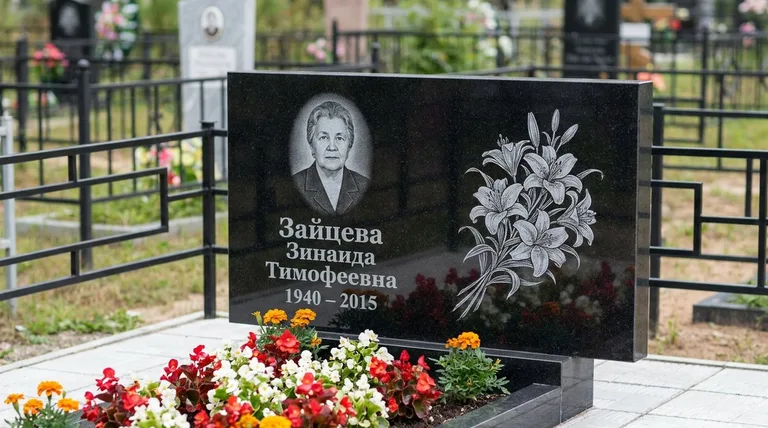 Памятник с гравировкой лилий — выполненная работа «Зайцева» в Новокузнецке