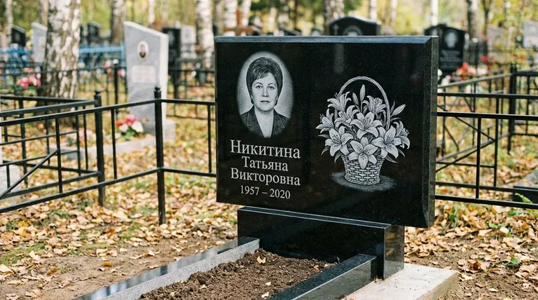 Памятник с гравировкой лилий — выполненная работа «Никитина» в Новокузнецке