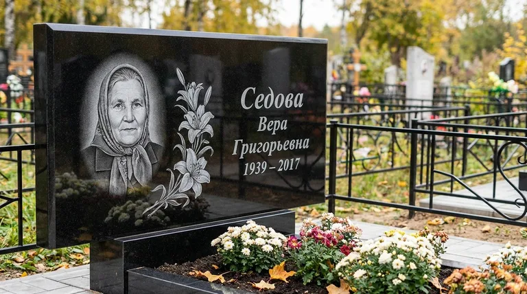 Памятник с гравировкой лилий — выполненная работа «Седова» в Новокузнецке
