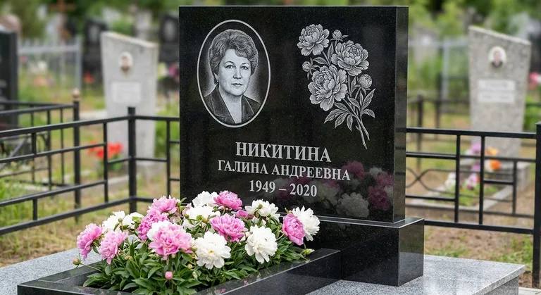 Памятник с гравировкой пионов — выполненная работа «Никитина» в Новокузнецке