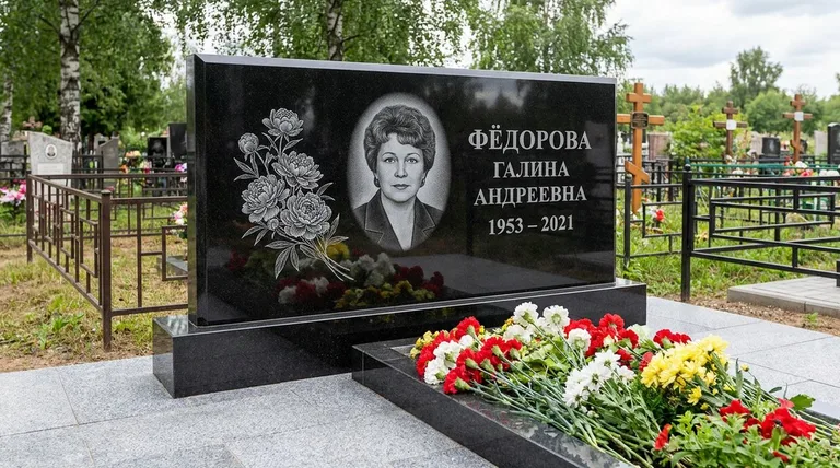 Памятник с гравировкой пионов — выполненная работа «Фёдорова» в Новокузнецке