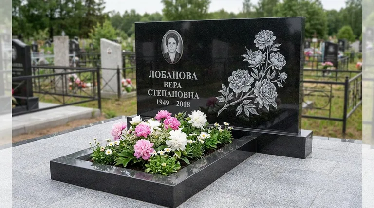 Памятник с гравировкой пионов — выполненная работа «Лобанова» в Новокузнецке