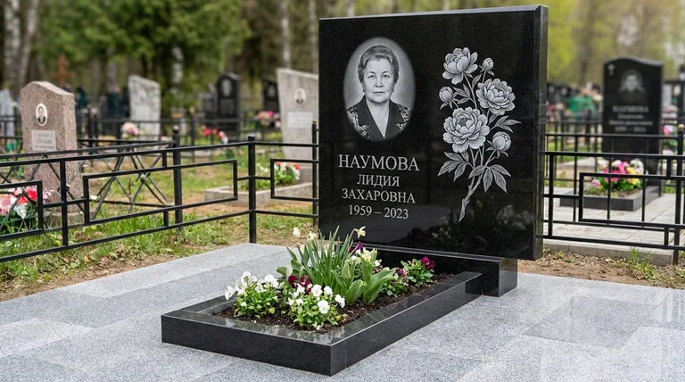 Памятник с гравировкой пионов — выполненная работа «Наумова» в Новокузнецке