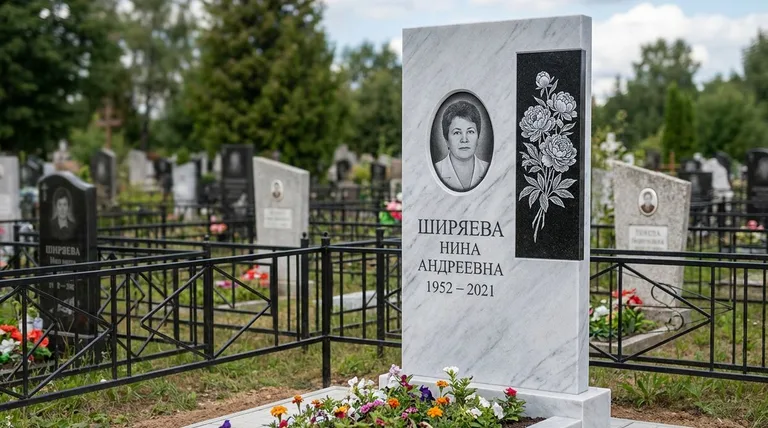 Памятник с гравировкой пионов — выполненная работа «Ширяева» в Новокузнецке