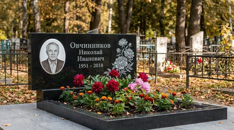 Памятник с гравировкой пионов — выполненная работа «Овчинников» в Новокузнецке