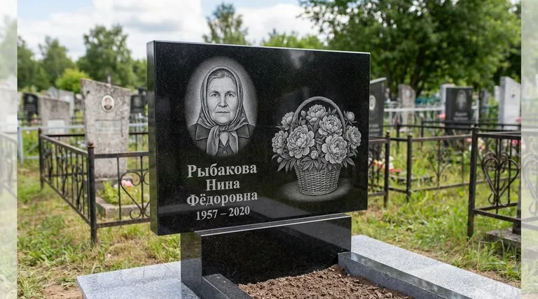 Памятник с гравировкой пионов — выполненная работа «Рыбакова» в Новокузнецке