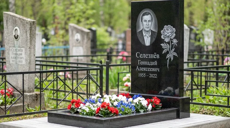 Памятник с гравировкой пионов — выполненная работа «Селезнёв» в Новокузнецке