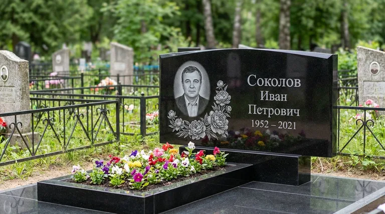 Памятник с гравировкой пионов — выполненная работа «Соколов» в Новокузнецке