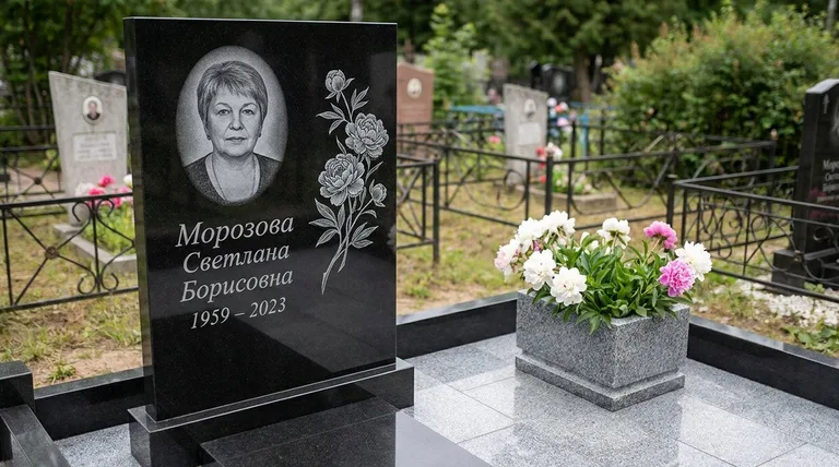 Памятник с гравировкой пионов — выполненная работа «Морозова» в Новокузнецке