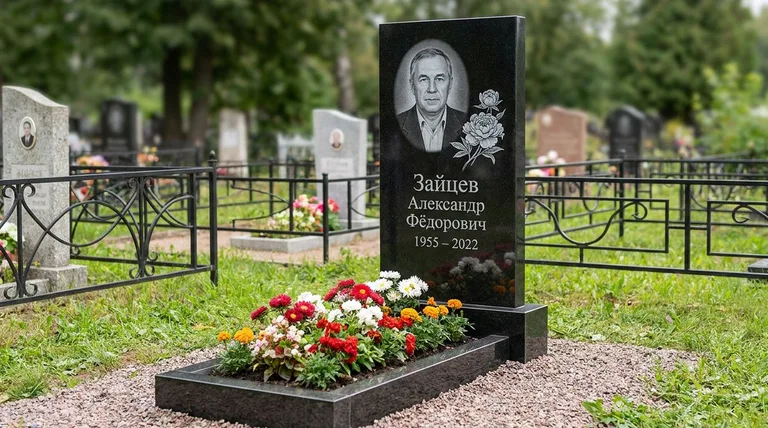 Памятник с гравировкой пионов — выполненная работа «Зайцев» в Новокузнецке