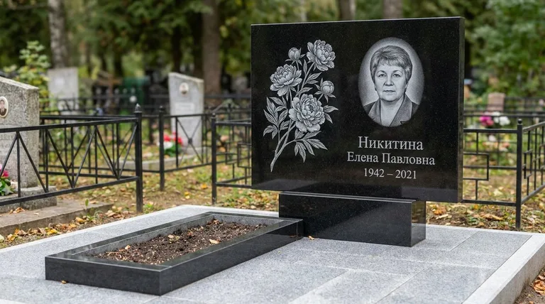 Памятник с гравировкой пионов — выполненная работа «Никитина» в Новокузнецке