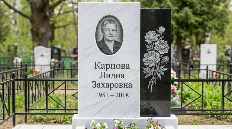 Памятник с гравировкой пионов — выполненная работа «Карпова» в Новокузнецке