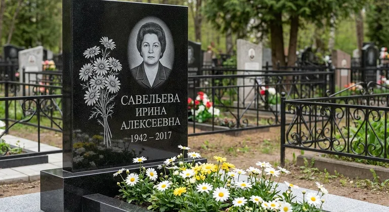 Памятник с гравировкой ромашек — выполненная работа «Савельева» в Новокузнецке