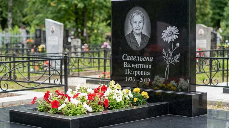 Памятник с гравировкой ромашек — выполненная работа «Савельева» в Новокузнецке