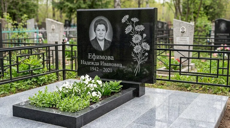 Памятник с гравировкой ромашек — выполненная работа «Ефимова» в Новокузнецке