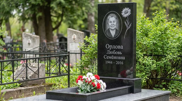 Памятник с гравировкой ромашек — выполненная работа «Орлова» в Новокузнецке
