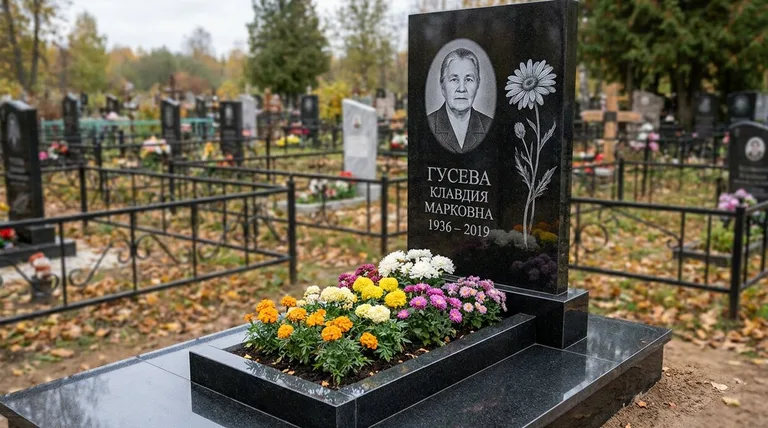 Памятник с гравировкой ромашек — выполненная работа «Гусева» в Новокузнецке