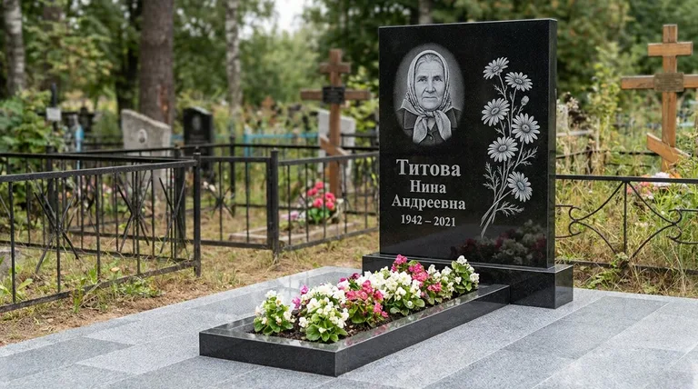 Памятник с гравировкой ромашек — выполненная работа «Титова» в Новокузнецке