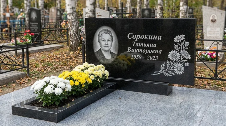 Памятник с гравировкой ромашек — выполненная работа «Сорокина» в Новокузнецке